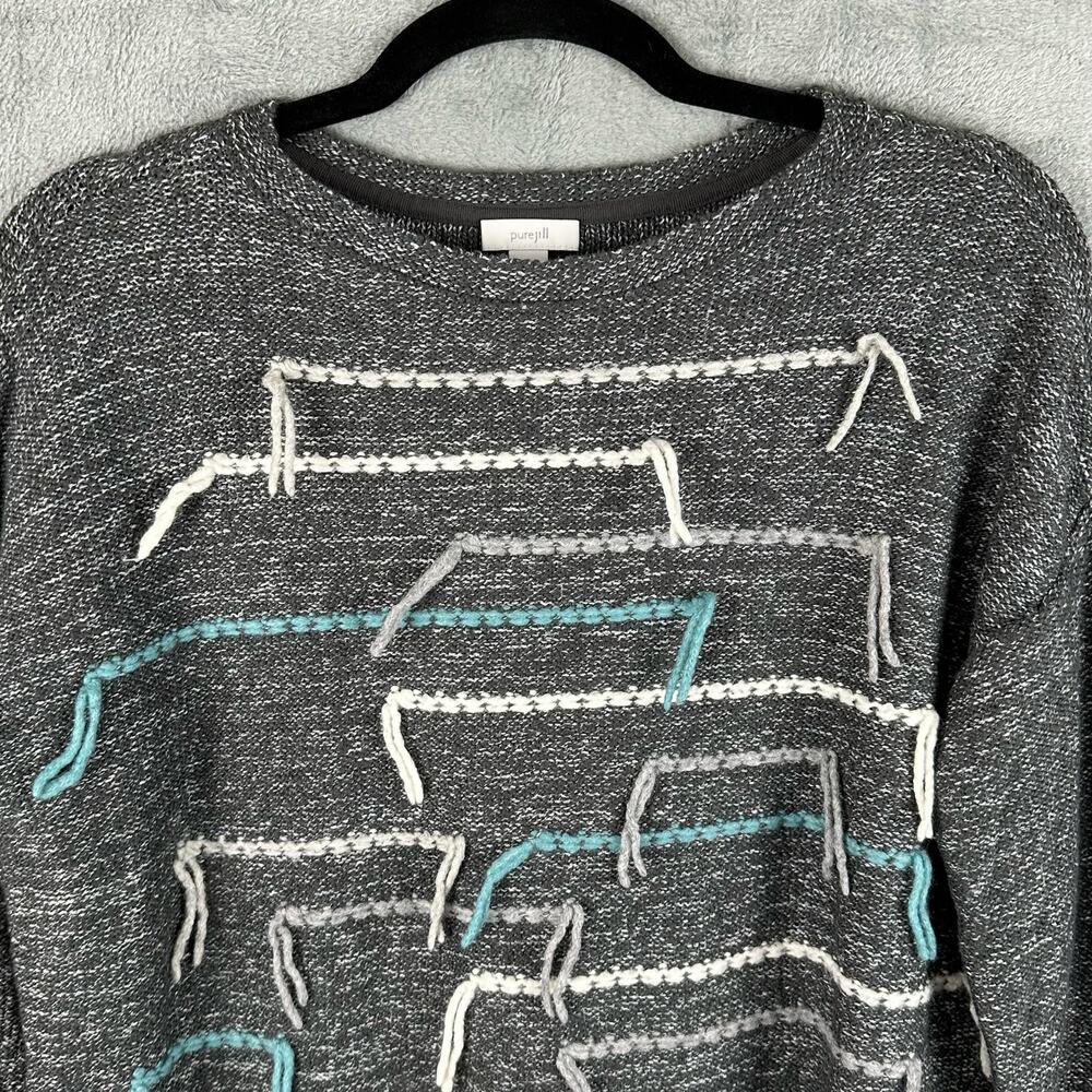 J Jill Sweater Womens Extra Small Gray PureJill Embroidered Knit Boho Artsy Wool - Picture 2 of 14